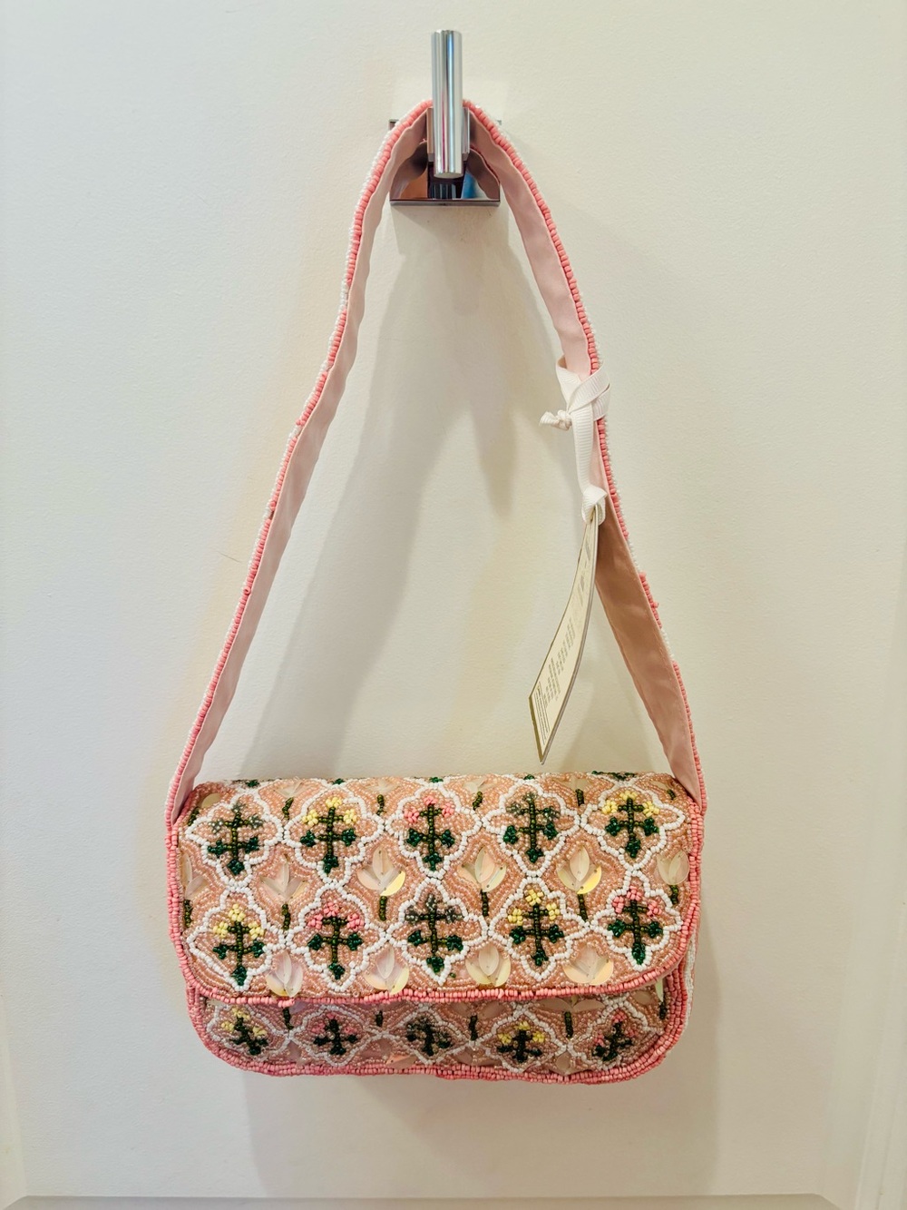 NWT Made in India Embellished Pink floral Beaded Shoulder Bag